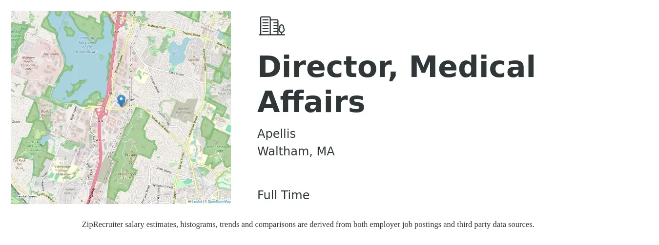 Apellis job posting for a Director, Medical Affairs in Waltham, MA with a salary of $146,700 to $219,500 Yearly with a map of Waltham location.
