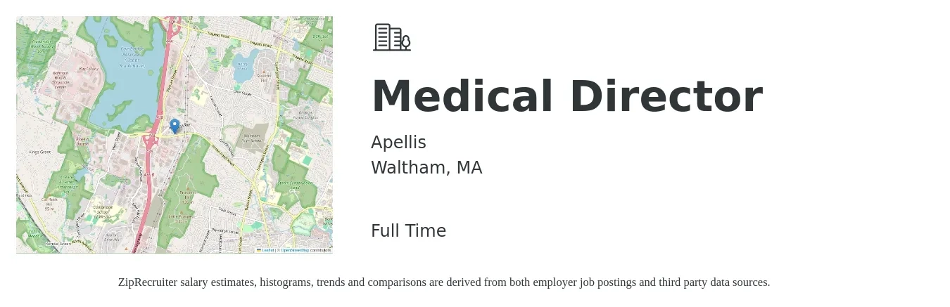 Apellis job posting for a Medical Director in Waltham, MA with a salary of $213,600 to $306,900 Yearly with a map of Waltham location.