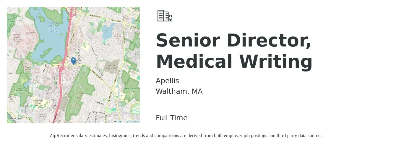 Apellis job posting for a Senior Director, Medical Writing in Waltham, MA with a salary of $109,500 to $173,700 Yearly with a map of Waltham location.