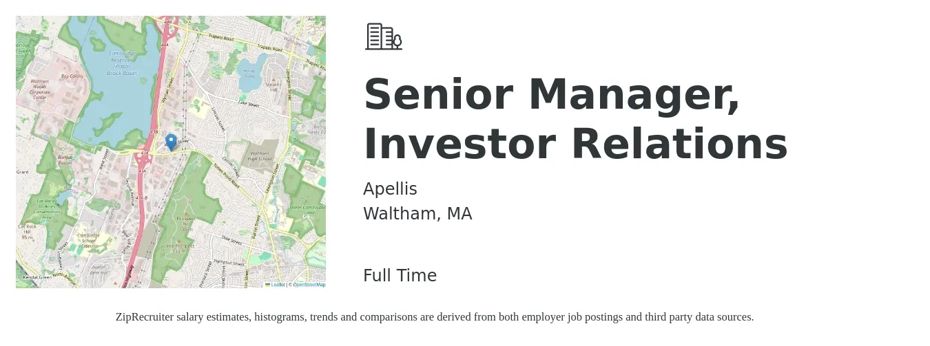 Apellis job posting for a Senior Manager, Investor Relations in Waltham, MA with a salary of $89,000 to $165,100 Yearly with a map of Waltham location.