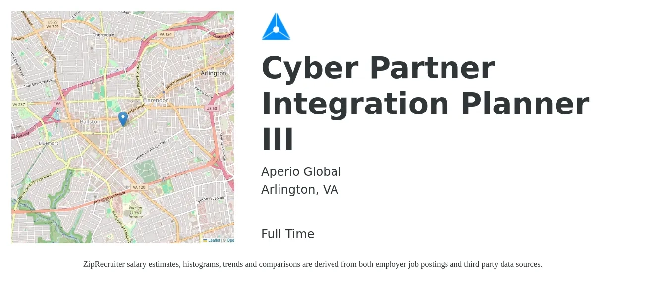 Aperio Global job posting for a Cyber Partner Integration Planner III in Arlington, VA with a salary of $74,800 to $110,400 Yearly with a map of Arlington location.