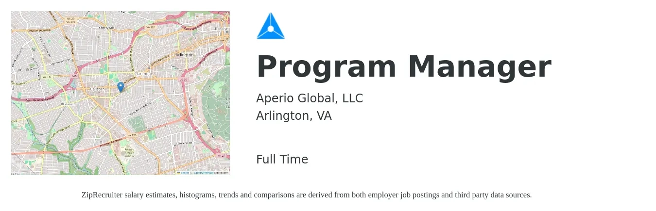 Aperio Global, LLC job posting for a Program Manager in Arlington, VA with a salary of $91,500 to $152,400 Yearly with a map of Arlington location.