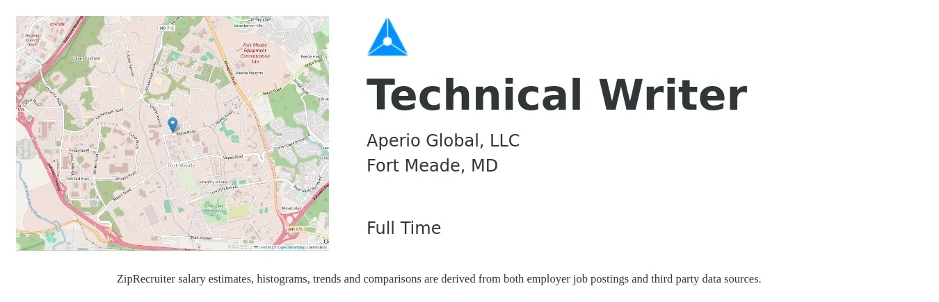 Aperio Global, LLC job posting for a Technical Writer in Fort Meade, MD with a salary of $33 to $54 Hourly with a map of Fort Meade location.