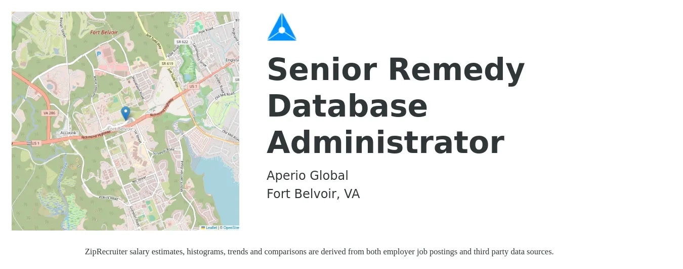Aperio Global job posting for a Senior Remedy Database Administrator in Fort Belvoir, VA with a salary of $56 to $78 Hourly with a map of Fort Belvoir location.