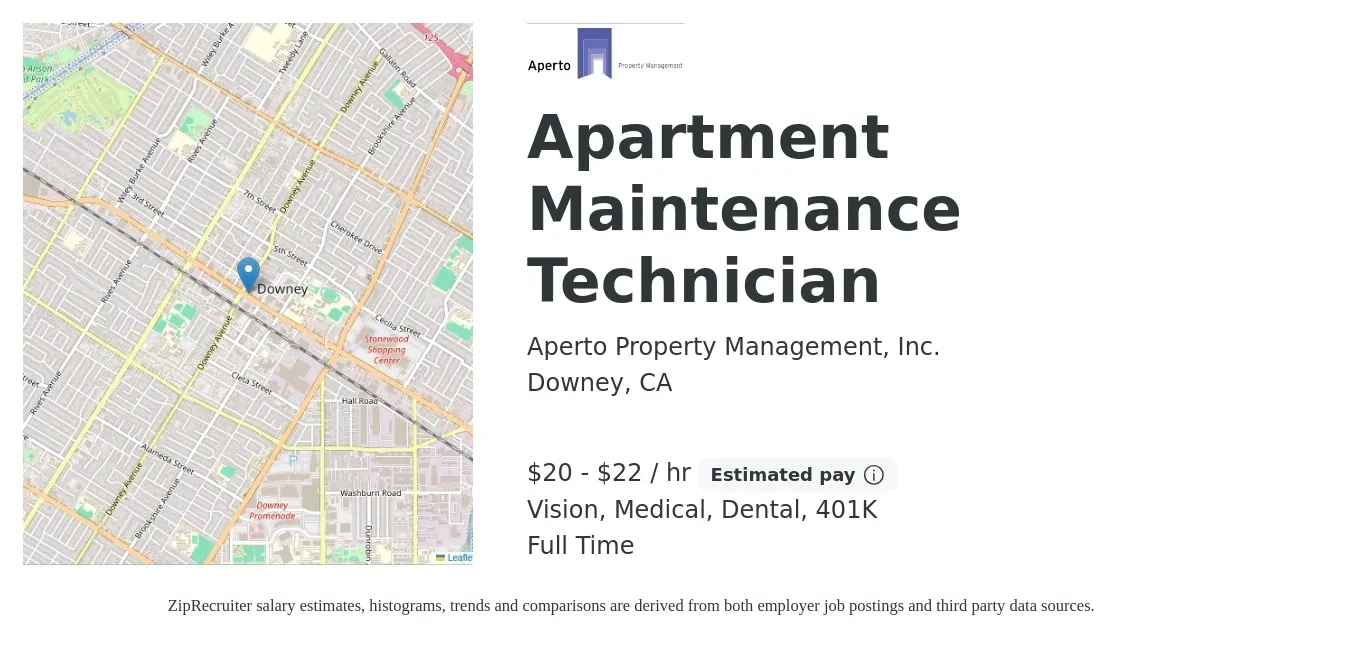 Aperto Property Management, Inc. job posting for a Apartment Maintenance Technician in Downey, CA with a salary of $21 to $23 Hourly and benefits including dental, life_insurance, medical, vision, and 401k with a map of Downey location.