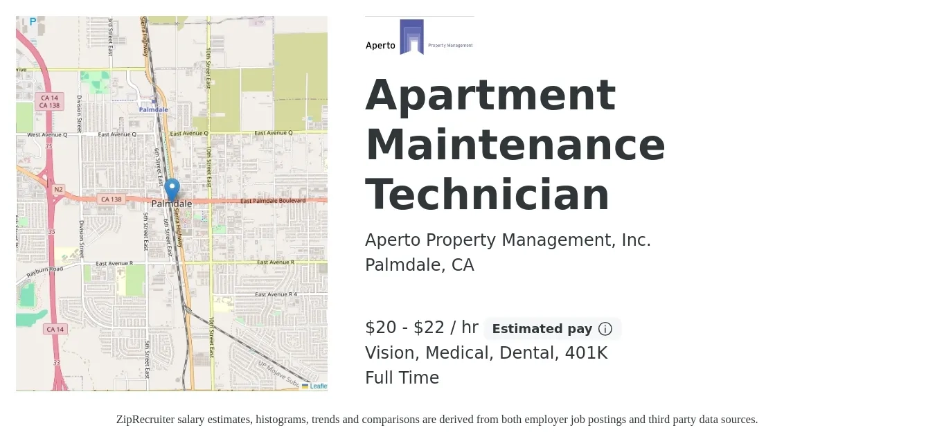 Aperto Property Management, Inc. job posting for a Apartment Maintenance Technician in Palmdale, CA with a salary of $21 to $23 Hourly and benefits including 401k, dental, life_insurance, medical, and vision with a map of Palmdale location.