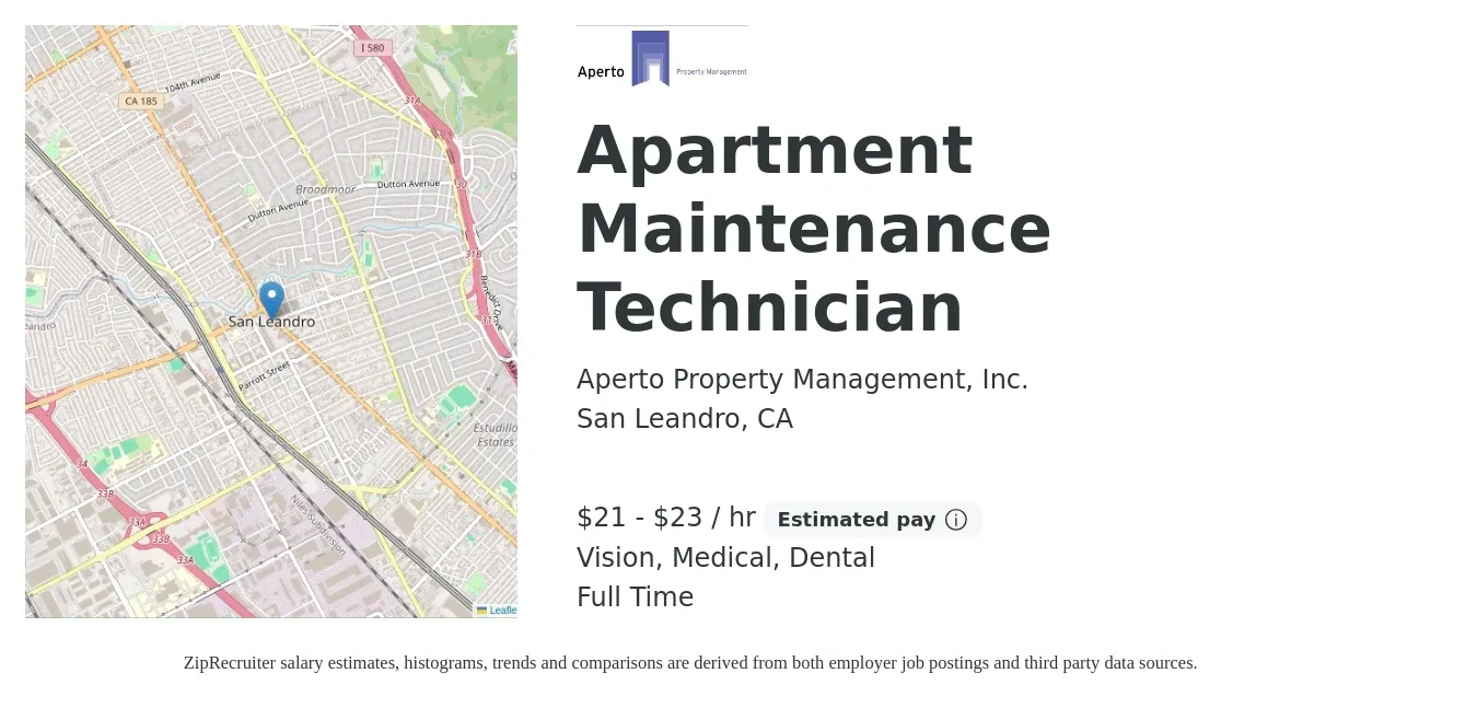 Aperto Property Management, Inc. job posting for a Apartment Maintenance Technician in San Leandro, CA with a salary of $22 to $24 Hourly and benefits including vision, dental, life_insurance, medical, and retirement with a map of San Leandro location.
