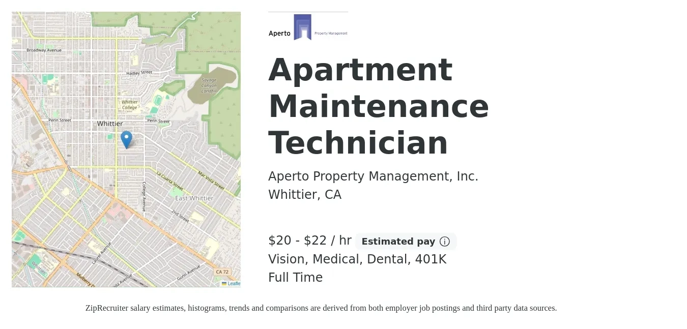 Aperto Property Management, Inc. job posting for a Apartment Maintenance Technician in Whittier, CA with a salary of $21 to $23 Hourly and benefits including 401k, dental, life_insurance, medical, and vision with a map of Whittier location.