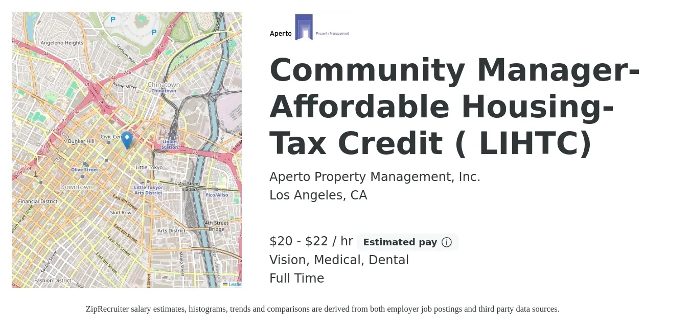 Aperto Property Management, Inc. job posting for a Community Manager-Affordable Housing-Tax Credit ( LIHTC) in Los Angeles, CA with a salary of $21 to $23 Hourly and benefits including dental, life_insurance, medical, retirement, and vision with a map of Los Angeles location.