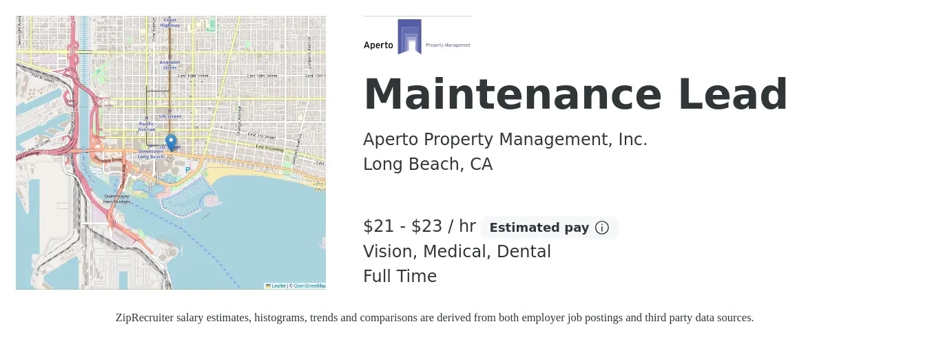 Aperto Property Management, Inc. job posting for a Maintenance Lead in Long Beach, CA with a salary of $22 to $24 Hourly and benefits including dental, life_insurance, medical, retirement, and vision with a map of Long Beach location.