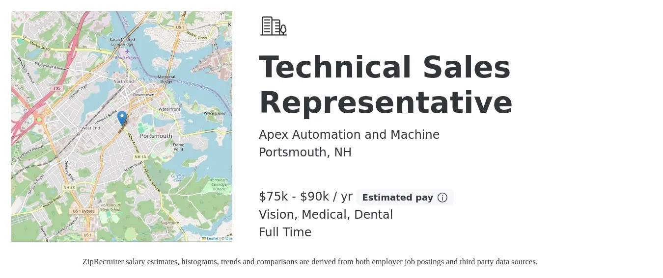 Apex Automation and Machine job posting for a Technical Sales Representative in Portsmouth, NH with a salary of $75,000 to $90,000 Yearly (plus commission) and benefits including medical, pto, retirement, vision, and dental with a map of Portsmouth location.