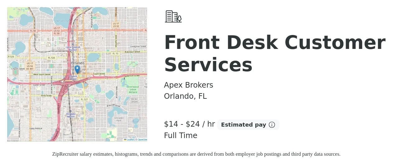 Apex Brokers job posting for a Front Desk Customer Services in Orlando, FL with a salary of $14 to $18 Hourly with a map of Orlando location.