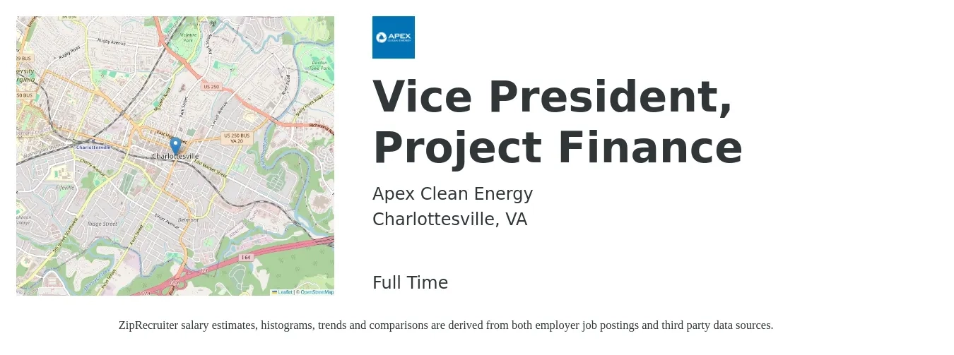 Apex Clean Energy job posting for a Vice President, Project Finance in Charlottesville, VA with a salary of $135,400 to $196,900 Yearly with a map of Charlottesville location.