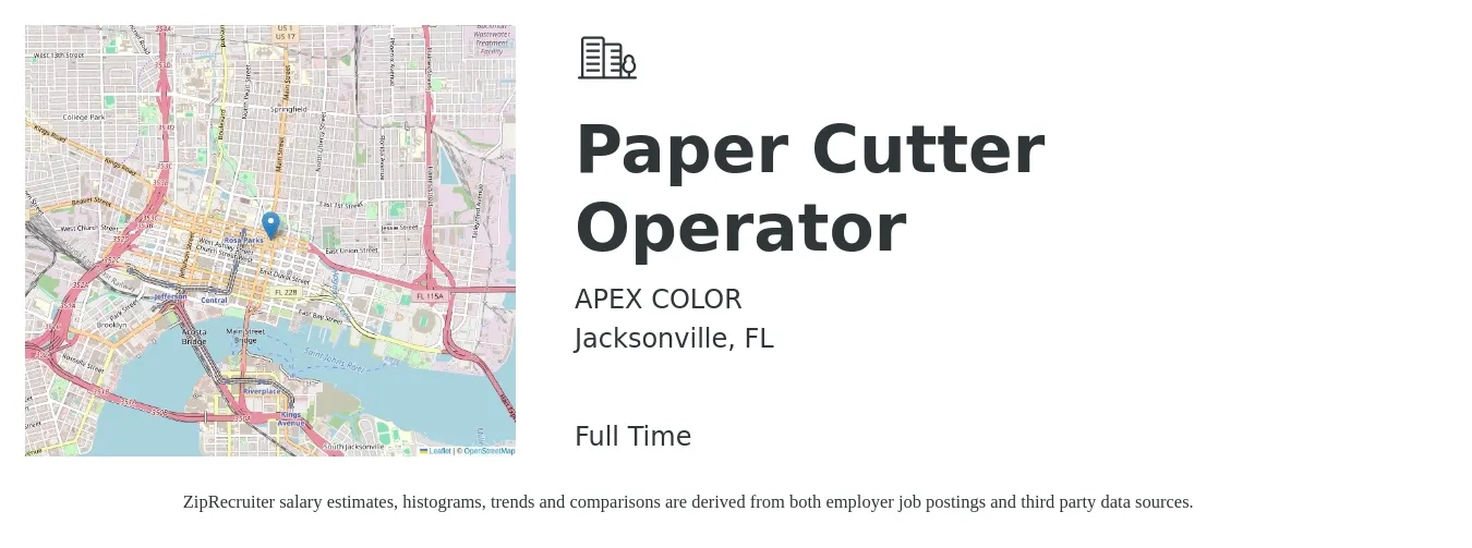 APEX COLOR job posting for a Paper Cutter Operator in Jacksonville, FL with a salary of $16 to $19 Hourly with a map of Jacksonville location.
