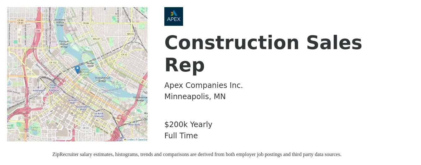 Apex Companies Inc. job posting for a Construction Sales Rep in Minneapolis, MN with a salary of $200,000 Yearly with a map of Minneapolis location.
