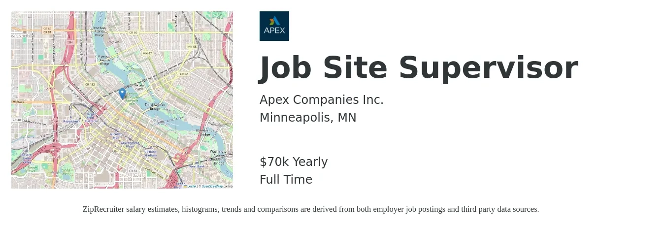 Apex Companies Inc. job posting for a Job Site Supervisor in Minneapolis, MN with a salary of $70,000 Yearly with a map of Minneapolis location.