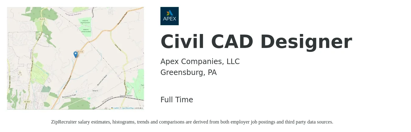 Apex Companies, LLC job posting for a Civil CAD Designer in Greensburg, PA with a salary of $25 to $30 Hourly with a map of Greensburg location.