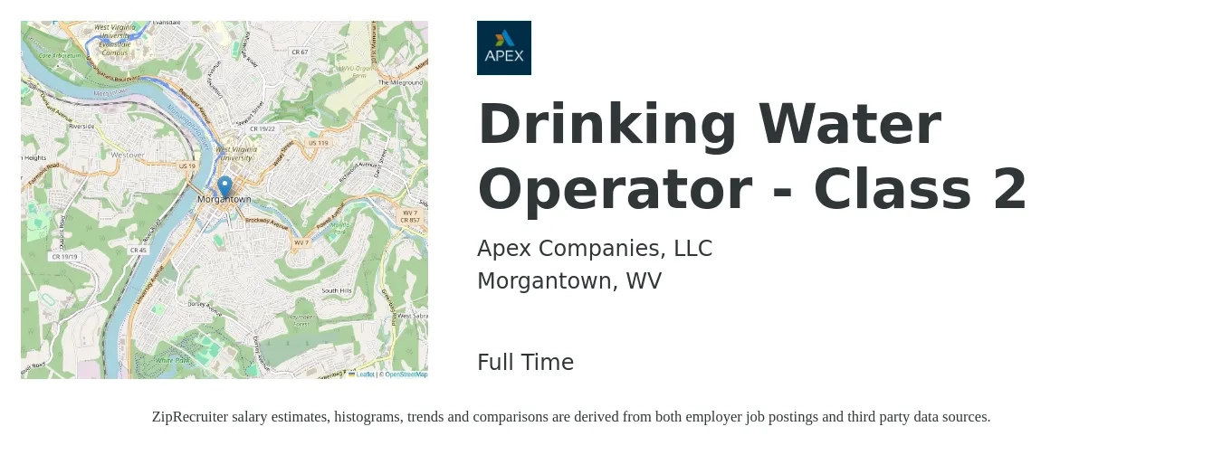 Apex Companies, LLC job posting for a Drinking Water Operator - Class 2 in Morgantown, WV with a salary of $22 to $30 Hourly with a map of Morgantown location.