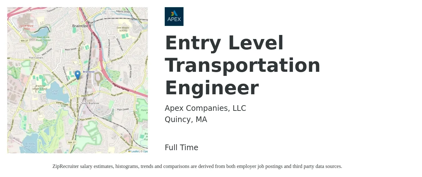 Apex Companies, LLC job posting for a Entry Level Transportation Engineer in Quincy, MA with a salary of $54,200 to $82,500 Yearly with a map of Quincy location.
