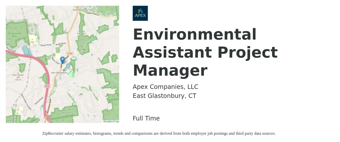 Apex Companies, LLC job posting for a Environmental Assistant Project Manager in East Glastonbury, CT with a salary of $80,000 to $100,000 Yearly with a map of East Glastonbury location.
