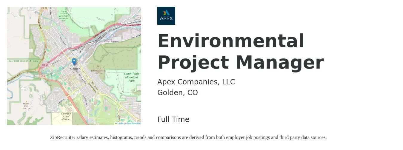 Apex Companies, LLC job posting for a Environmental Project Manager in Golden, CO with a salary of $80,000 to $105,000 Yearly with a map of Golden location.