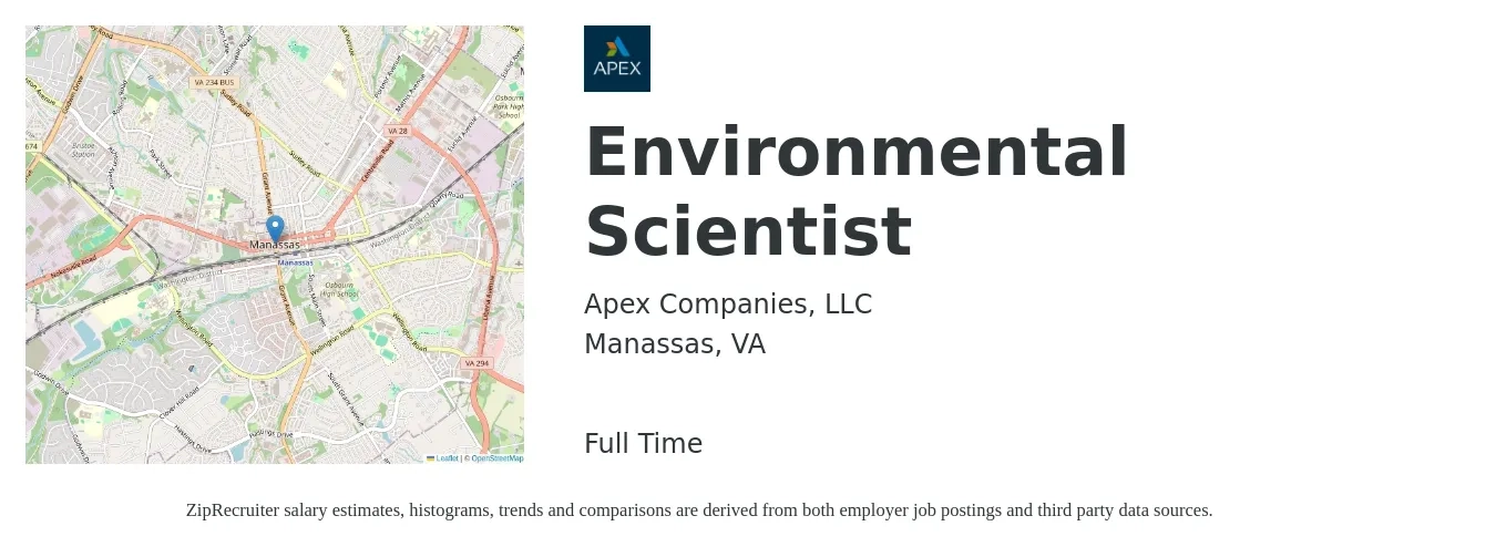 Apex Companies, LLC job posting for a Environmental Scientist in Manassas, VA with a salary of $75,000 to $98,500 Yearly with a map of Manassas location.