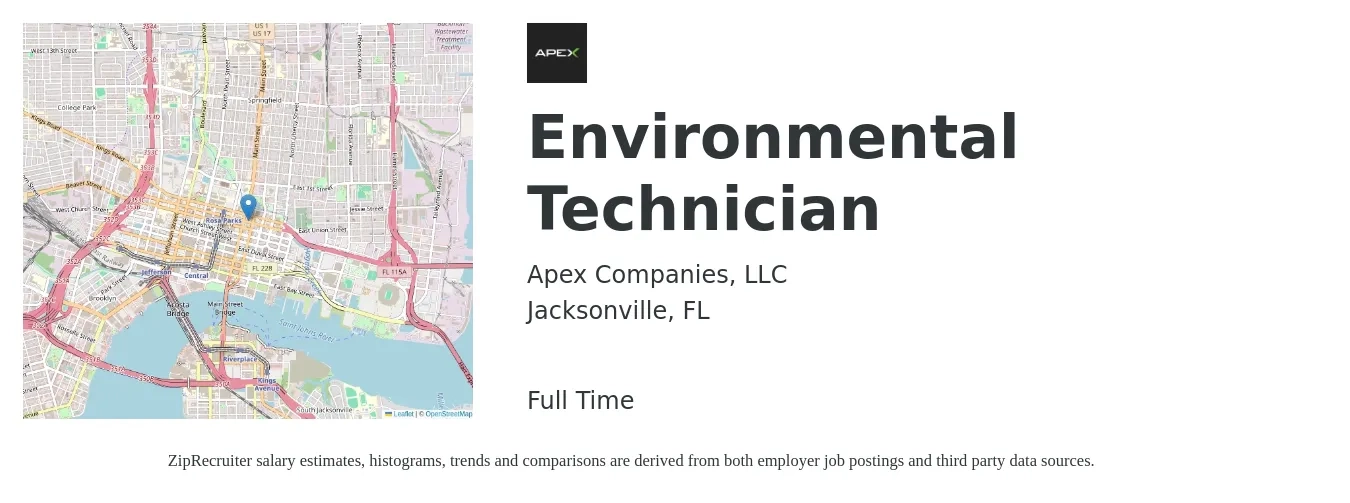 Apex Companies, LLC job posting for a Environmental Technician in Jacksonville, FL with a salary of $16 to $24 Hourly with a map of Jacksonville location.