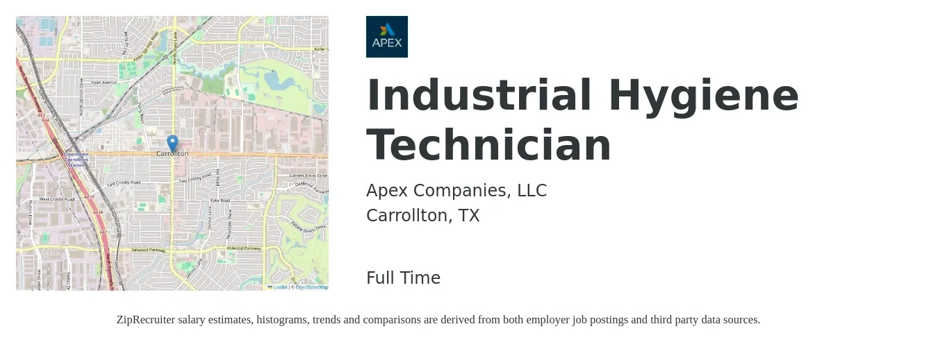 Apex Companies, LLC job posting for a Industrial Hygiene Technician in Carrollton, TX with a salary of $21 to $25 Hourly with a map of Carrollton location.