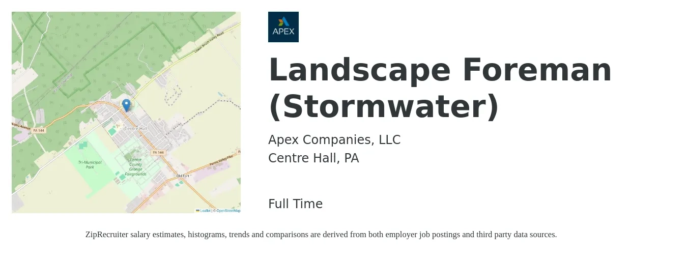 Apex Companies, LLC job posting for a Landscape Foreman (Stormwater) in Centre Hall, PA with a salary of $22 to $24 Hourly with a map of Centre Hall location.