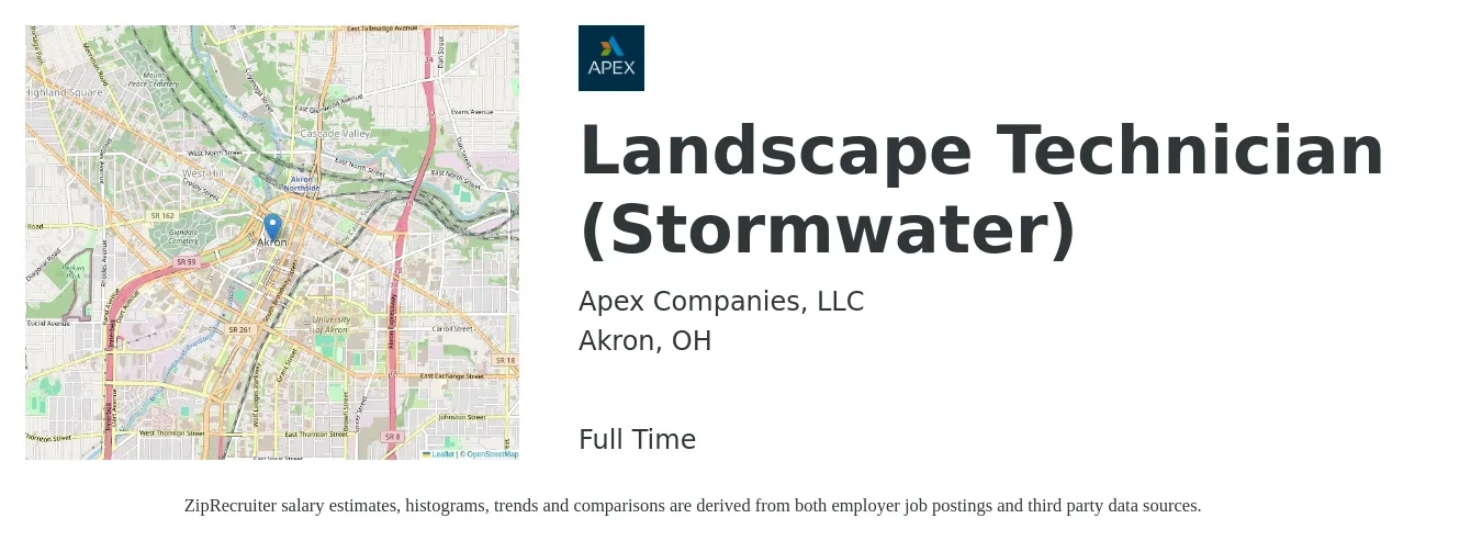 Apex Companies, LLC job posting for a Landscape Technician (Stormwater) in Akron, OH with a salary of $18 to $21 Hourly with a map of Akron location.