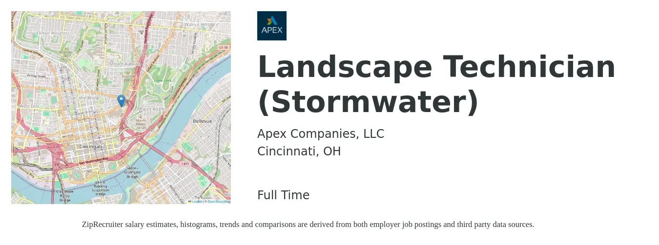 Apex Companies, LLC job posting for a Landscape Technician (Stormwater) in Cincinnati, OH with a salary of $18 to $19 Hourly with a map of Cincinnati location.