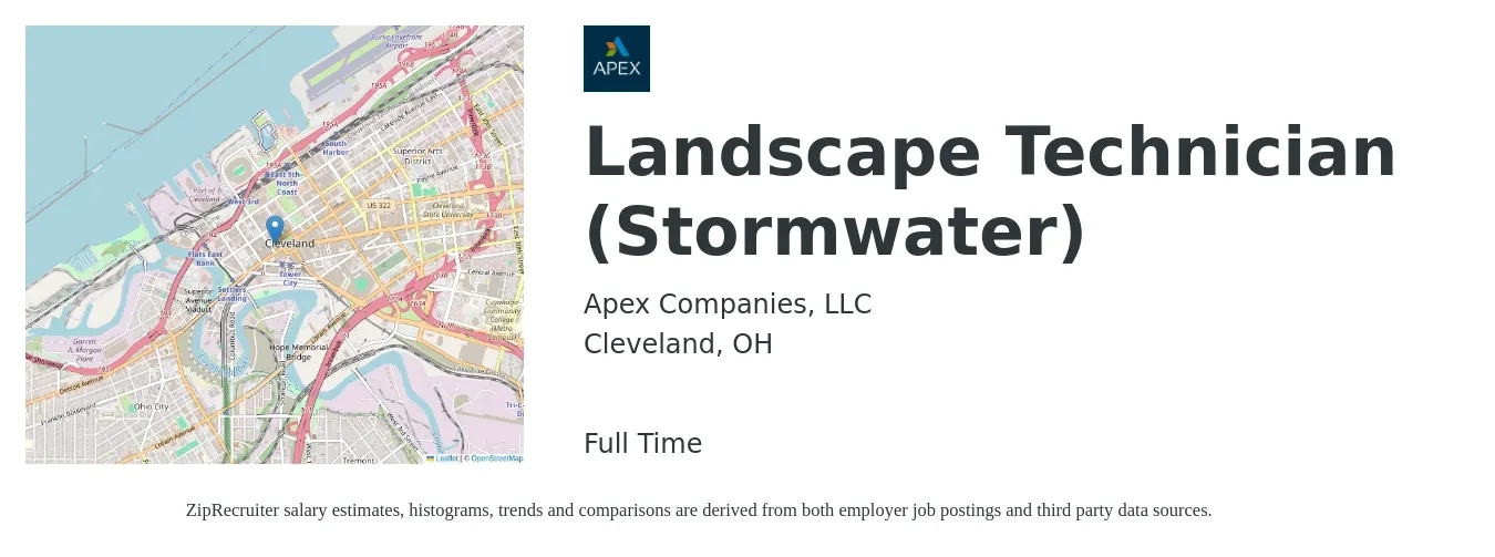 Apex Companies, LLC job posting for a Landscape Technician (Stormwater) in Cleveland, OH with a salary of $18 to $21 Hourly with a map of Cleveland location.