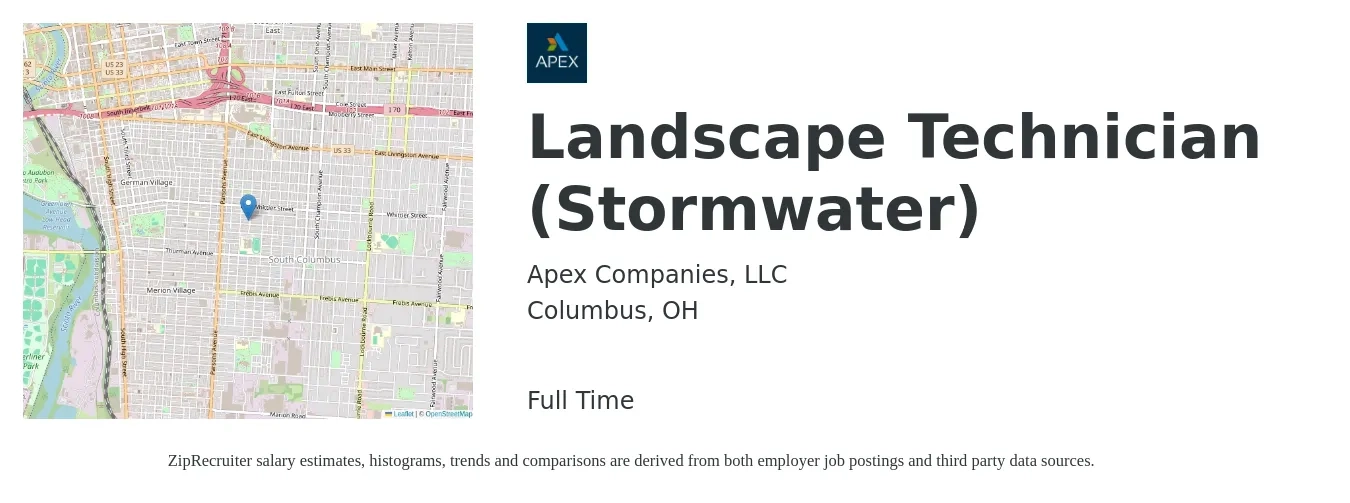 Apex Companies, LLC job posting for a Landscape Technician (Stormwater) in Columbus, OH with a salary of $18 to $19 Hourly with a map of Columbus location.