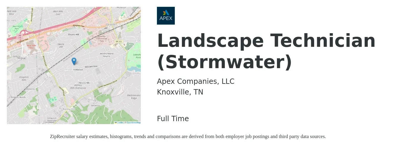 Apex Companies, LLC job posting for a Landscape Technician (Stormwater) in Knoxville, TN with a salary of $18 to $21 Hourly with a map of Knoxville location.