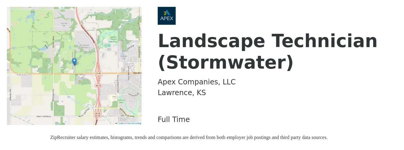 Apex Companies, LLC job posting for a Landscape Technician (Stormwater) in Lawrence, KS with a salary of $18 to $21 Hourly with a map of Lawrence location.
