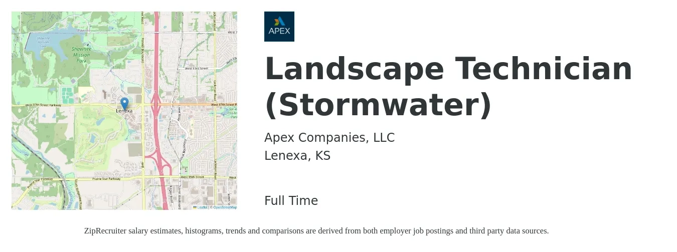 Apex Companies, LLC job posting for a Landscape Technician (Stormwater) in Lenexa, KS with a salary of $18 to $21 Hourly with a map of Lenexa location.