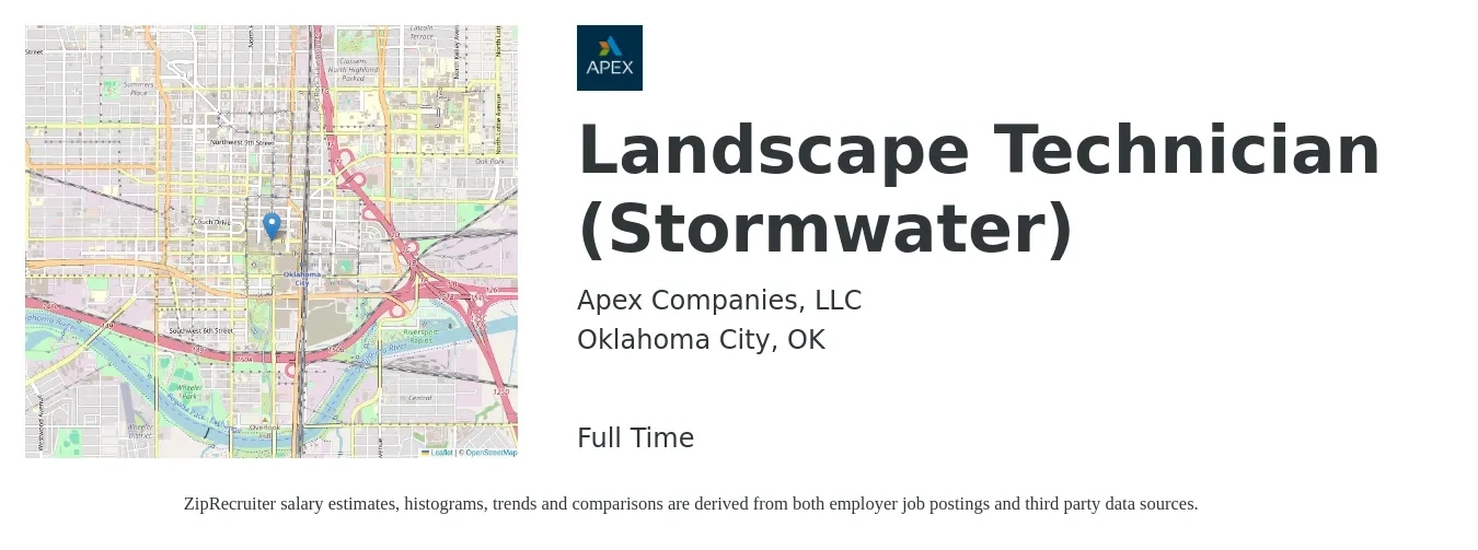 Apex Companies, LLC job posting for a Landscape Technician (Stormwater) in Oklahoma City, OK with a salary of $18 to $21 Hourly with a map of Oklahoma City location.