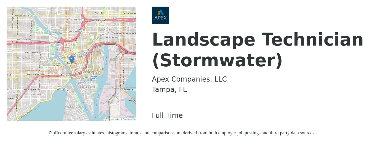 Apex Companies, LLC job posting for a Landscape Technician (Stormwater) in Tampa, FL with a salary of $18 to $21 Hourly with a map of Tampa location.