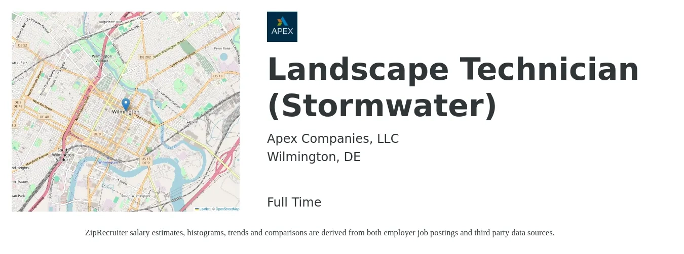 Apex Companies, LLC job posting for a Landscape Technician (Stormwater) in Wilmington, DE with a salary of $18 to $20 Hourly with a map of Wilmington location.