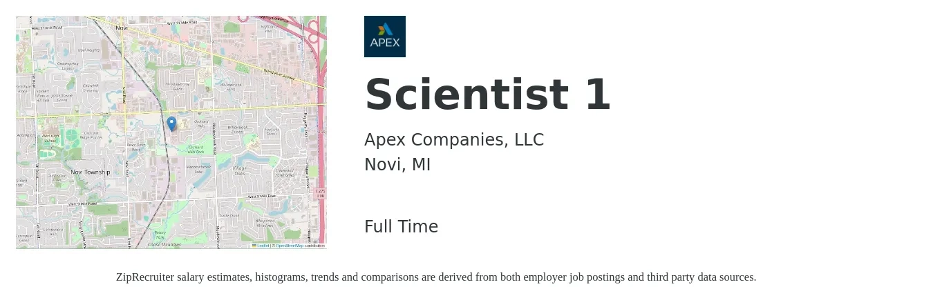 Apex Companies, LLC job posting for a Scientist 1 in Novi, MI with a map of Novi location.