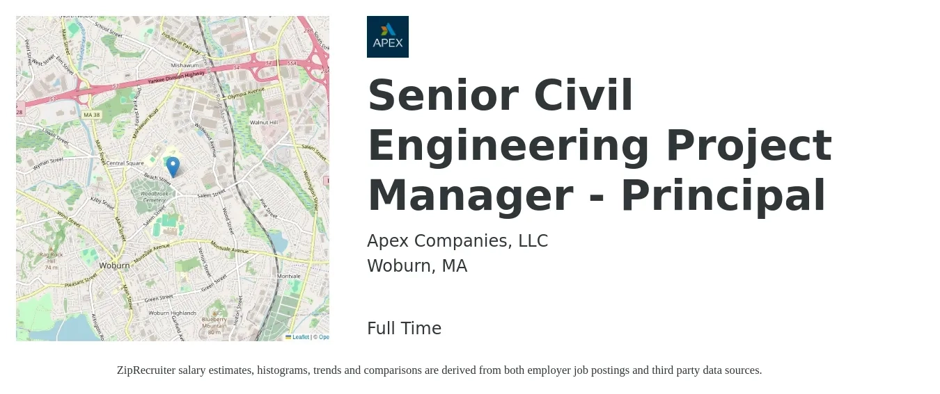 Apex Companies, LLC job posting for a Senior Civil Engineering Project Manager - Principal in Woburn, MA with a salary of $110,500 to $155,900 Yearly with a map of Woburn location.