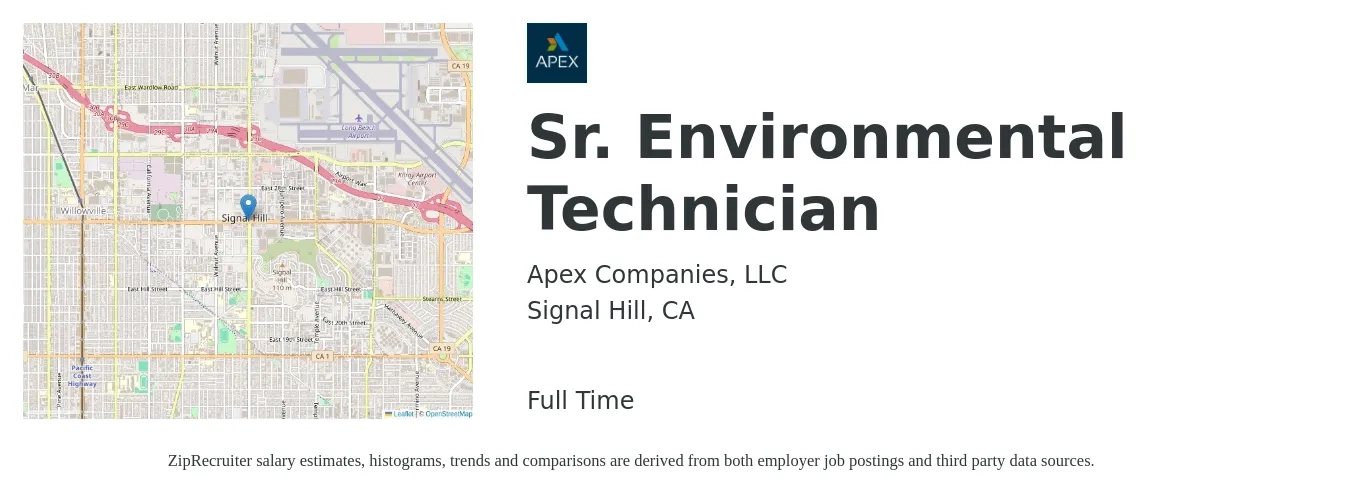 Apex Companies, LLC job posting for a Sr. Environmental Technician in Signal Hill, CA with a salary of $24 to $30 Hourly with a map of Signal Hill location.