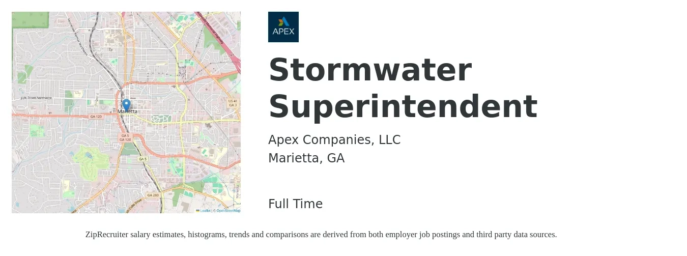 Apex Companies, LLC job posting for a Stormwater Superintendent in Marietta, GA with a salary of $65,000 to $75,000 Yearly with a map of Marietta location.