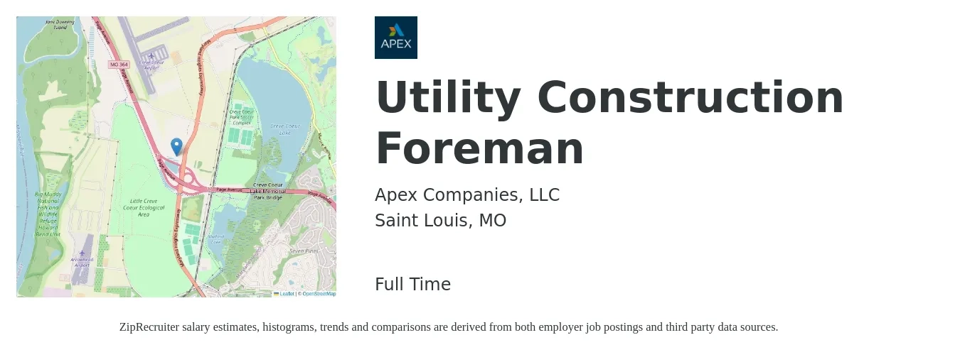 Apex Companies, LLC job posting for a Utility Construction Foreman in Saint Louis, MO with a salary of $26 to $30 Hourly with a map of Saint Louis location.
