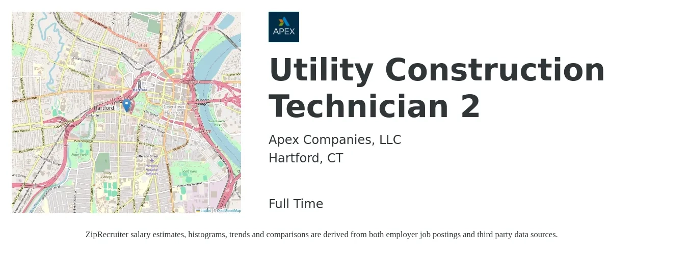 Apex Companies, LLC job posting for a Utility Construction Technician 2 in Hartford, CT with a salary of $21 to $26 Hourly with a map of Hartford location.