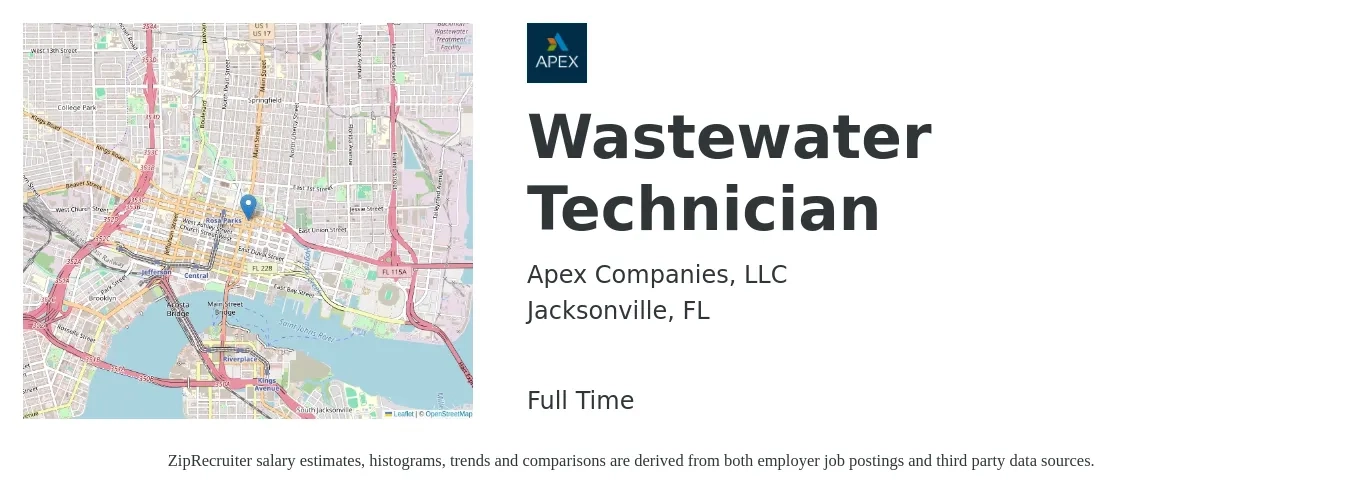 Apex Companies, LLC job posting for a Wastewater Technician in Jacksonville, FL with a salary of $16 to $21 Hourly with a map of Jacksonville location.
