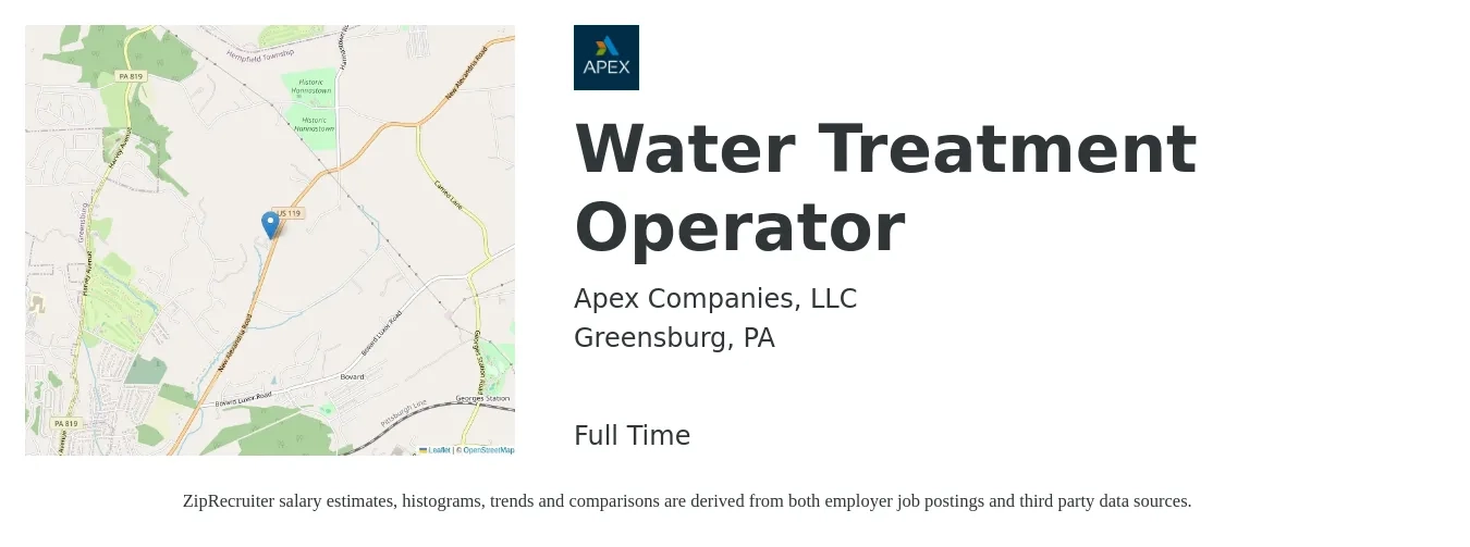 Apex Companies, LLC job posting for a Water Treatment Operator in Greensburg, PA with a salary of $18 to $32 Hourly with a map of Greensburg location.
