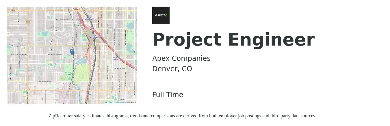 Apex Companies job posting for a Project Engineer in Denver, CO with a salary of $76,200 to $106,500 Yearly with a map of Denver location.