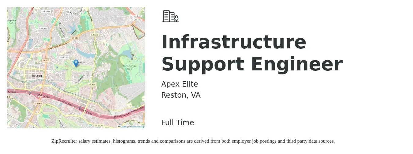 Apex Elite job posting for a Infrastructure Support Engineer in Reston, VA with a salary of $112,000 to $147,000 Yearly with a map of Reston location.