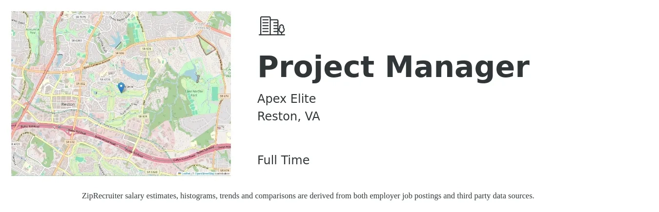 Apex Elite job posting for a Project Manager in Reston, VA with a salary of $81,800 to $128,200 Yearly with a map of Reston location.